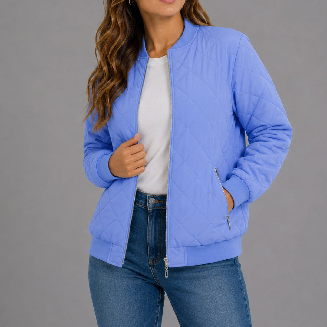 Women's Diamond Quilted Bomber Jacket with Pockets - Navy Purple
