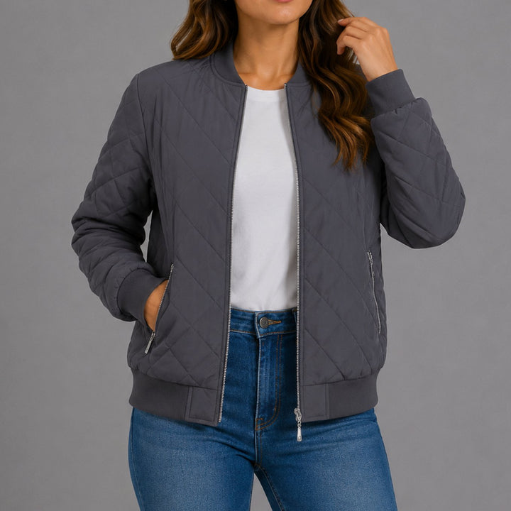 Women's Diamond Quilted Bomber Jacket with Pockets - Gray