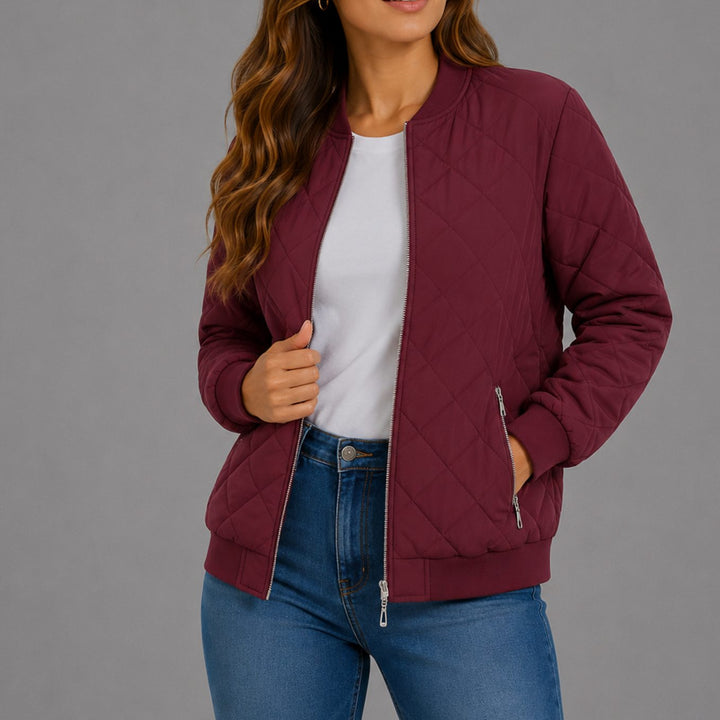 Women's Diamond Quilted Bomber Jacket with Pockets - Red Carpet