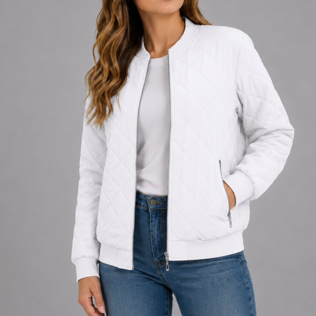 Women's Diamond Quilted Bomber Jacket with Pockets - White