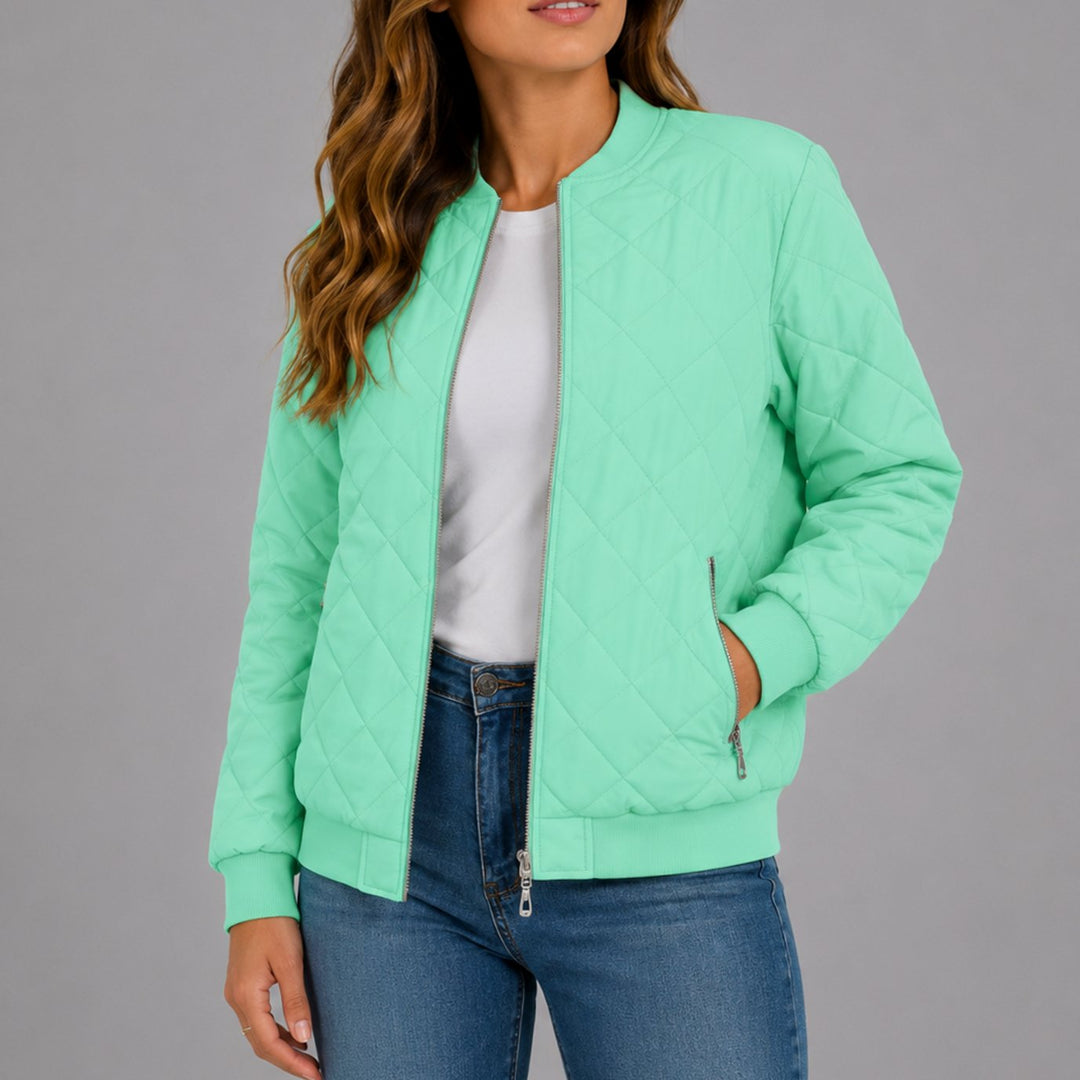 Women's Diamond Quilted Bomber Jacket with Pockets - Light Green