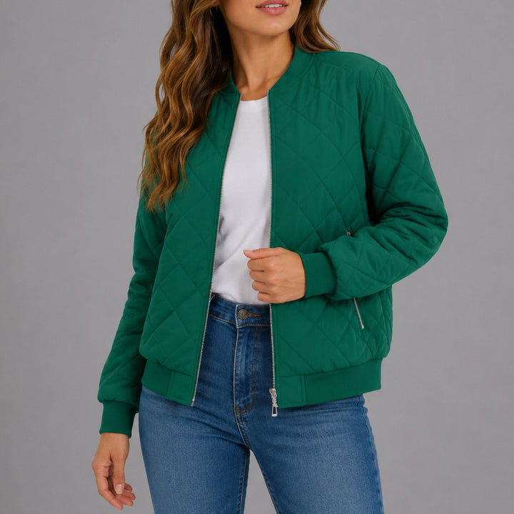 Women's Diamond Quilted Bomber Jacket with Pockets - Green