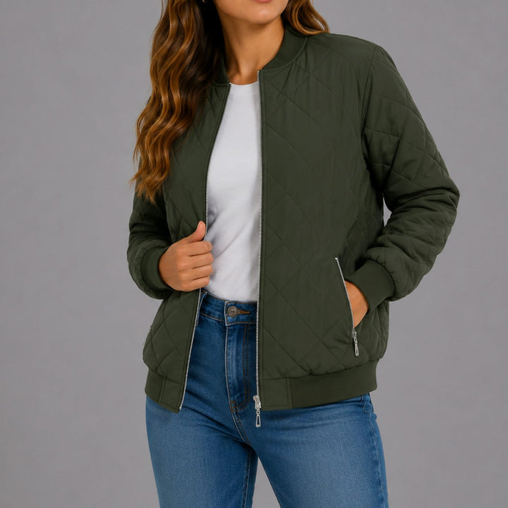 Women's Diamond Quilted Bomber Jacket with Pockets - Olive Green