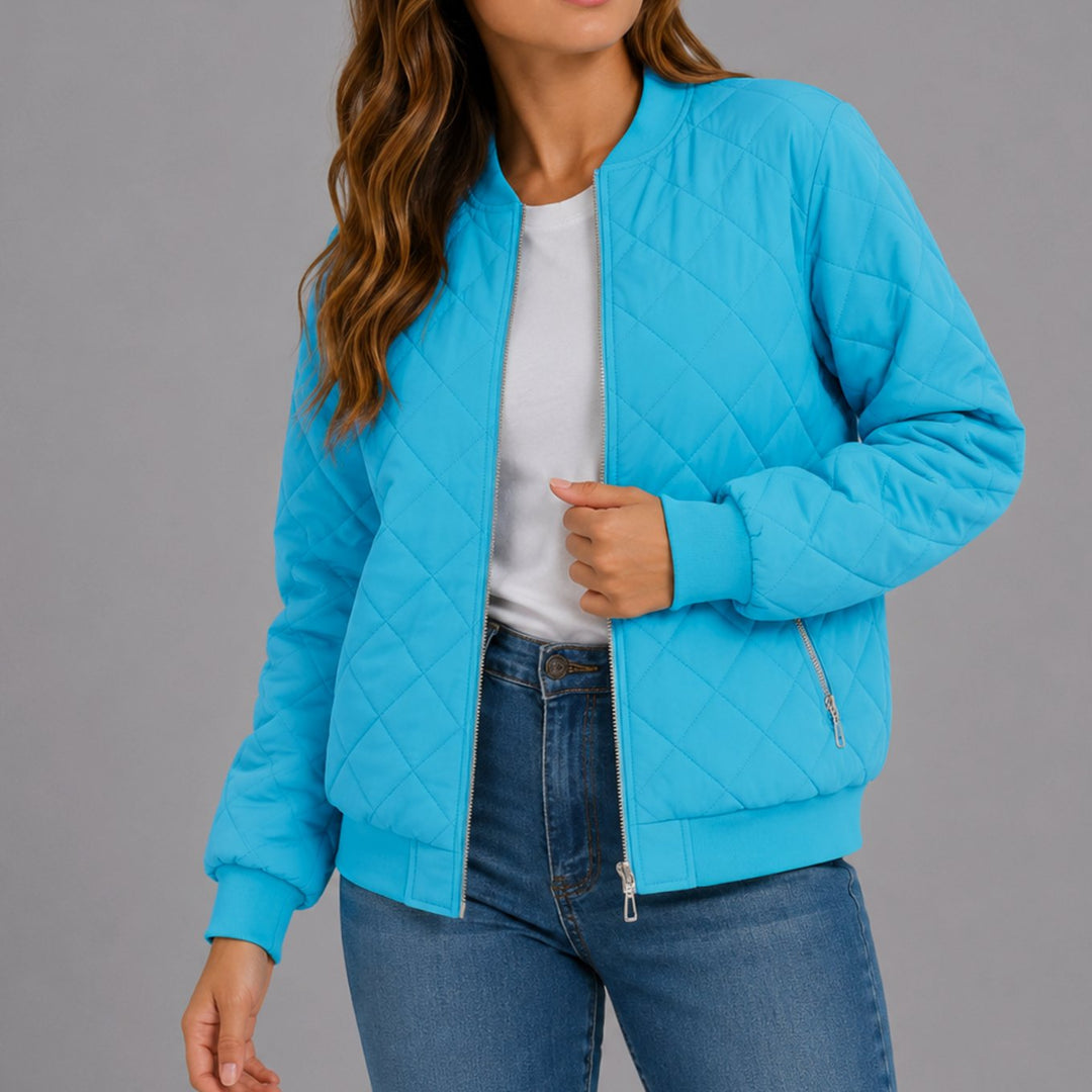 Women's Diamond Quilted Bomber Jacket with Pockets - Baby Blue