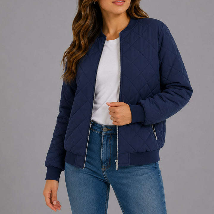 Women's Diamond Quilted Bomber Jacket with Pockets - Navy