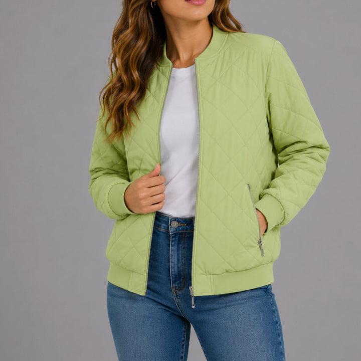 Women's Diamond Quilted Bomber Jacket with Pockets - Soft Lime Green