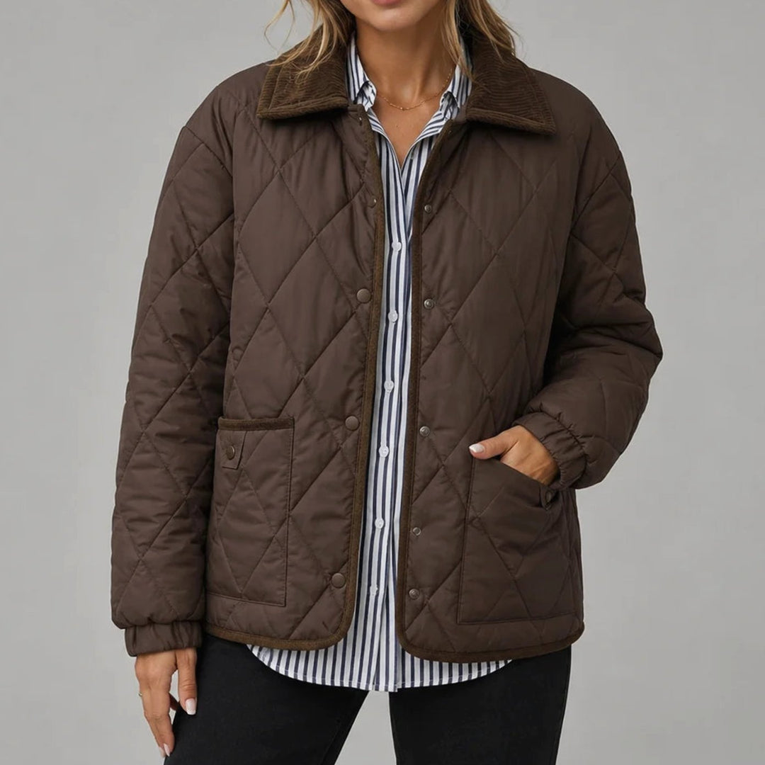 Women's Diamond Quilted Corduroy Collar Snap-Button Jacket - Brown