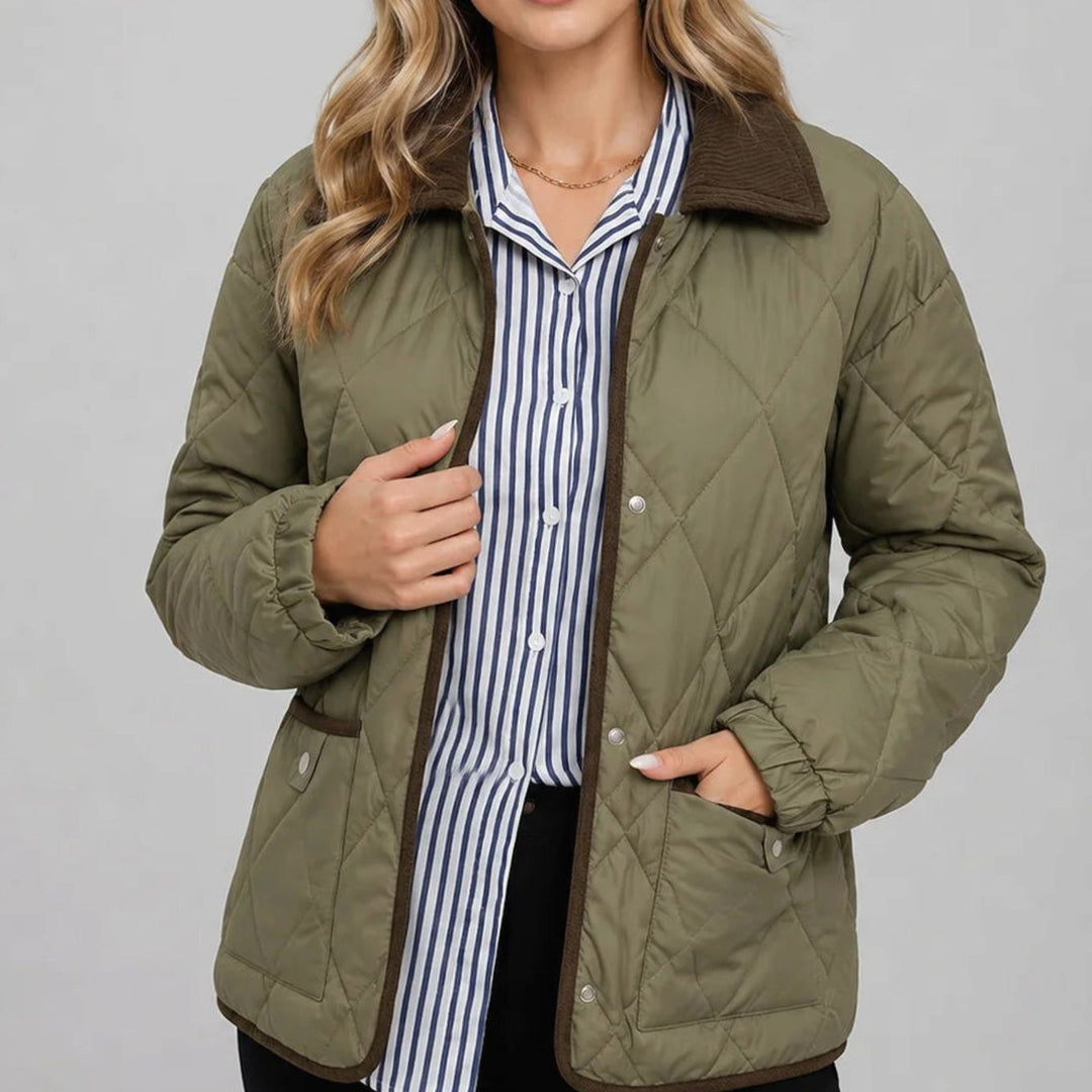 Women's Diamond Quilted Corduroy Collar Snap-Button Jacket - Green