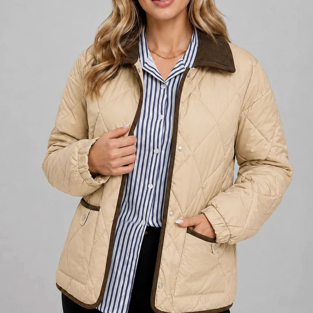 Women's Diamond Quilted Corduroy Collar Snap-Button Jacket - Beige