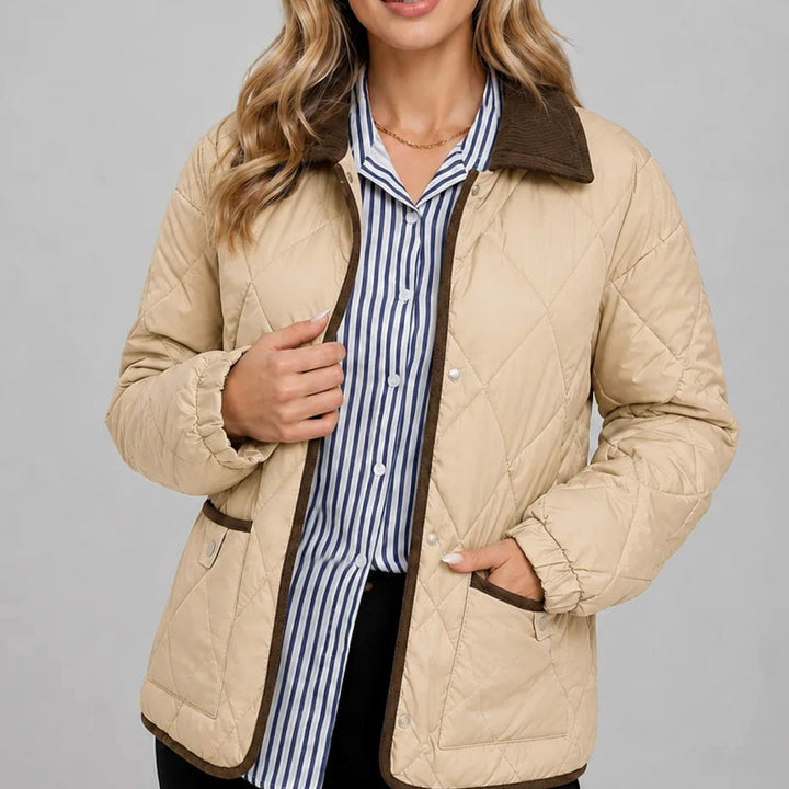 Women's Diamond Quilted Corduroy Collar Snap-Button Jacket - Beige