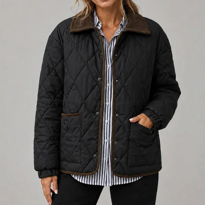 Women's Diamond Quilted Corduroy Collar Snap-Button Jacket - Black