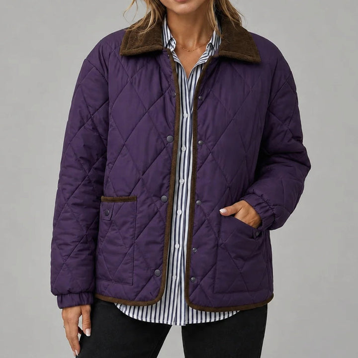 Women's Diamond Quilted Corduroy Collar Snap-Button Jacket - Purple