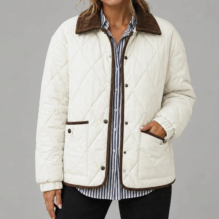 Women's Diamond Quilted Corduroy Collar Snap-Button Jacket - White