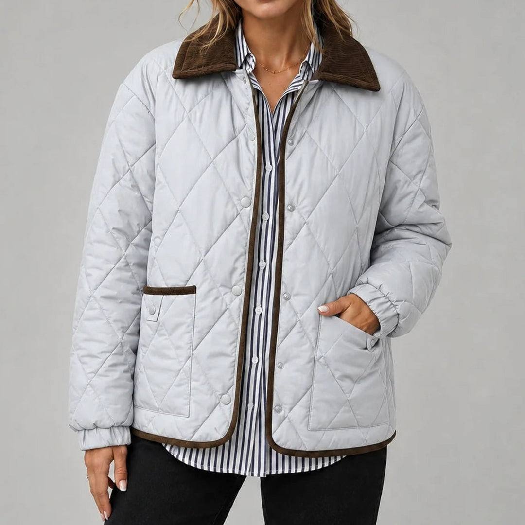 Women's Diamond Quilted Corduroy Collar Snap-Button Jacket - Gray