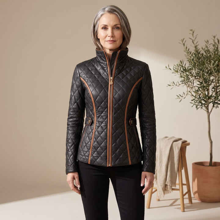Women's Diamond-Quilted Zip-Up Fitted Jacket Tan Trim