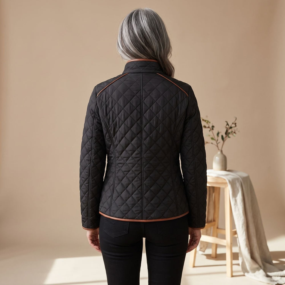 Women's Diamond-Quilted Zip-Up Fitted Jacket Tan Trim