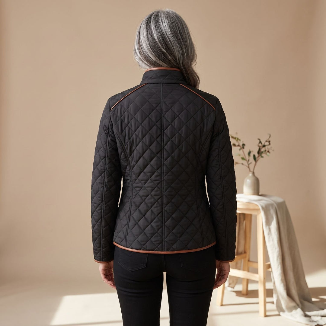 Women's Diamond-Quilted Zip-Up Fitted Jacket Tan Trim