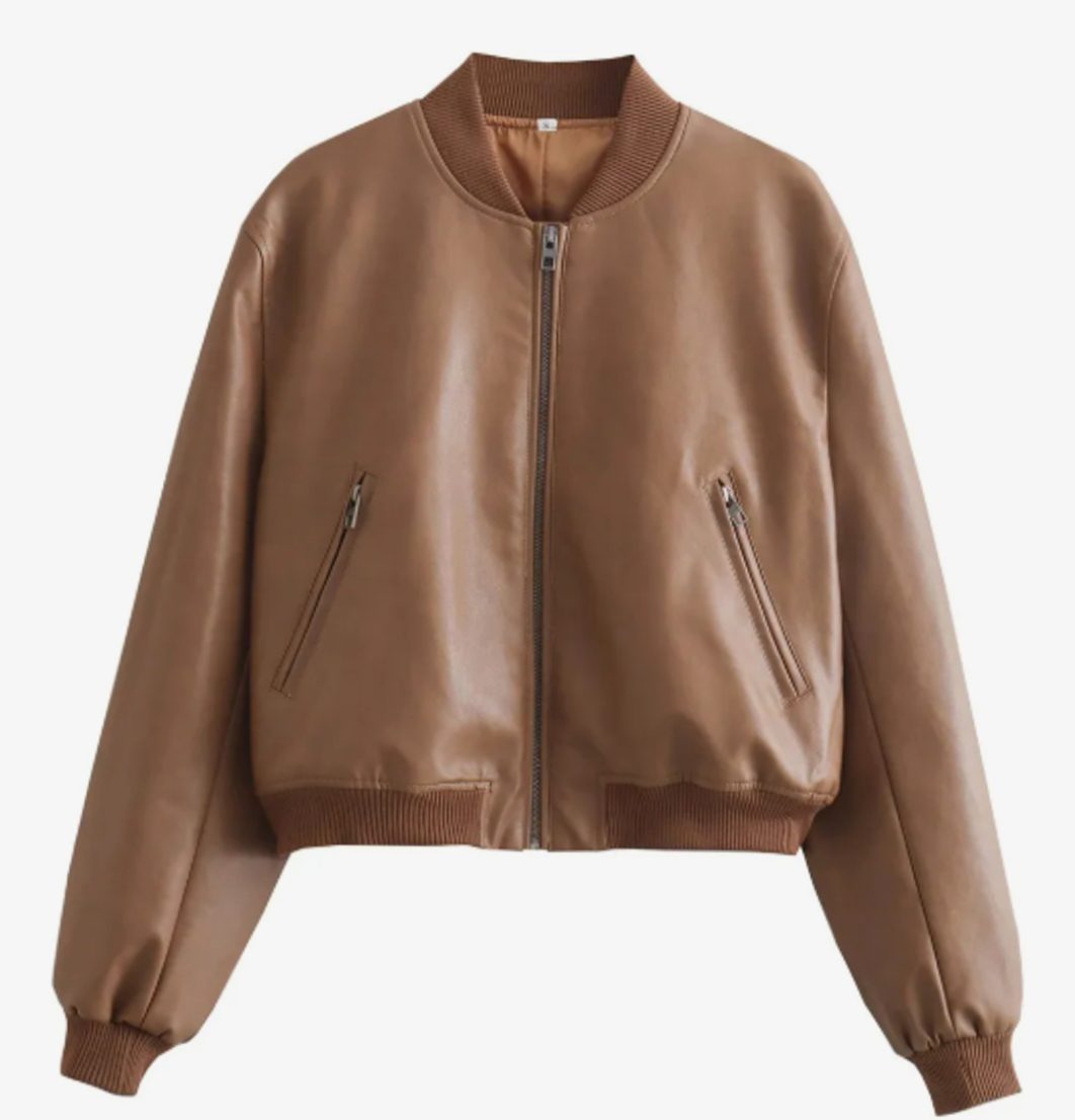 Women's Distressed Faux Suede Zip-Up Bomber Jacket - Light Brown
