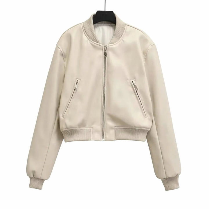 Women's Distressed Faux Suede Zip-Up Bomber Jacket - White