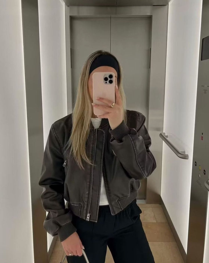 Women's Distressed Faux Suede Zip-Up Bomber Jacket