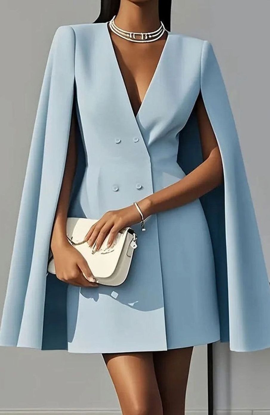 Women's Double-Breasted Cape-Overlay V-Neck Cocktail Dress - Blue