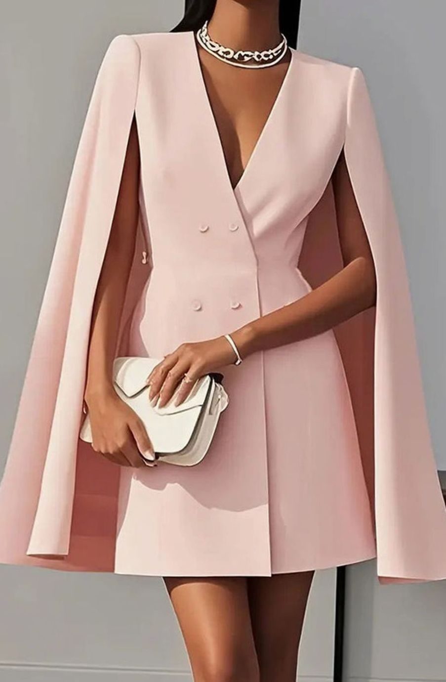 Women's Double-Breasted Cape-Overlay V-Neck Cocktail Dress - Pink