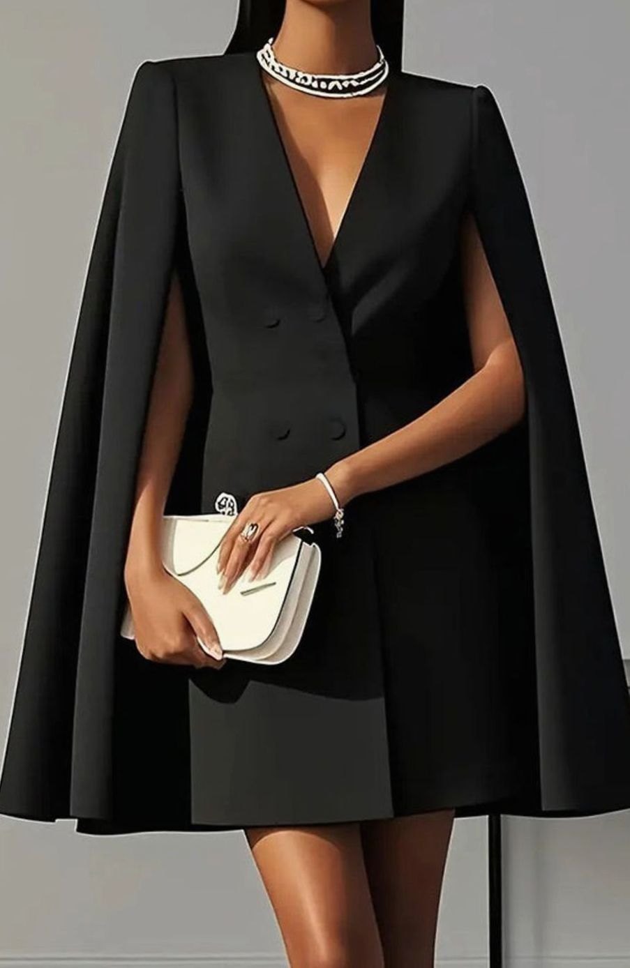 Women's Double-Breasted Cape-Overlay V-Neck Cocktail Dress - Black