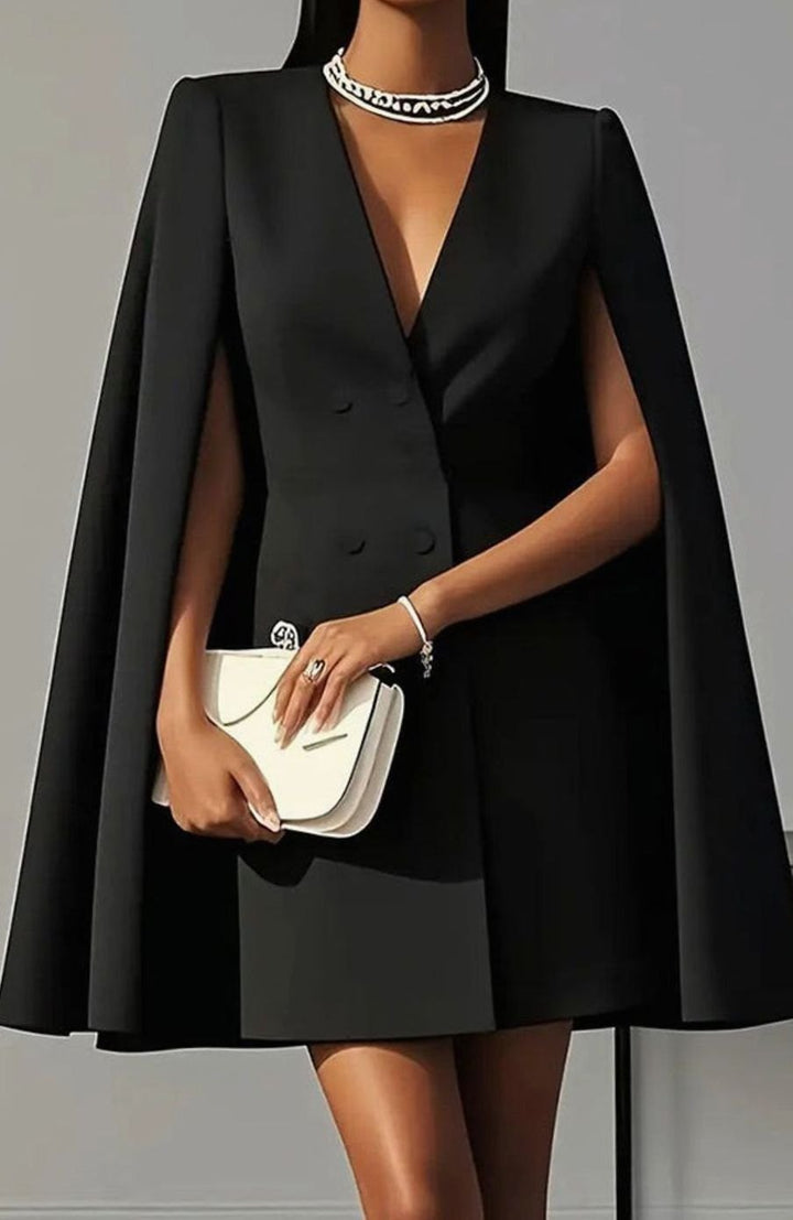 Women's Double-Breasted Cape-Overlay V-Neck Cocktail Dress - Black