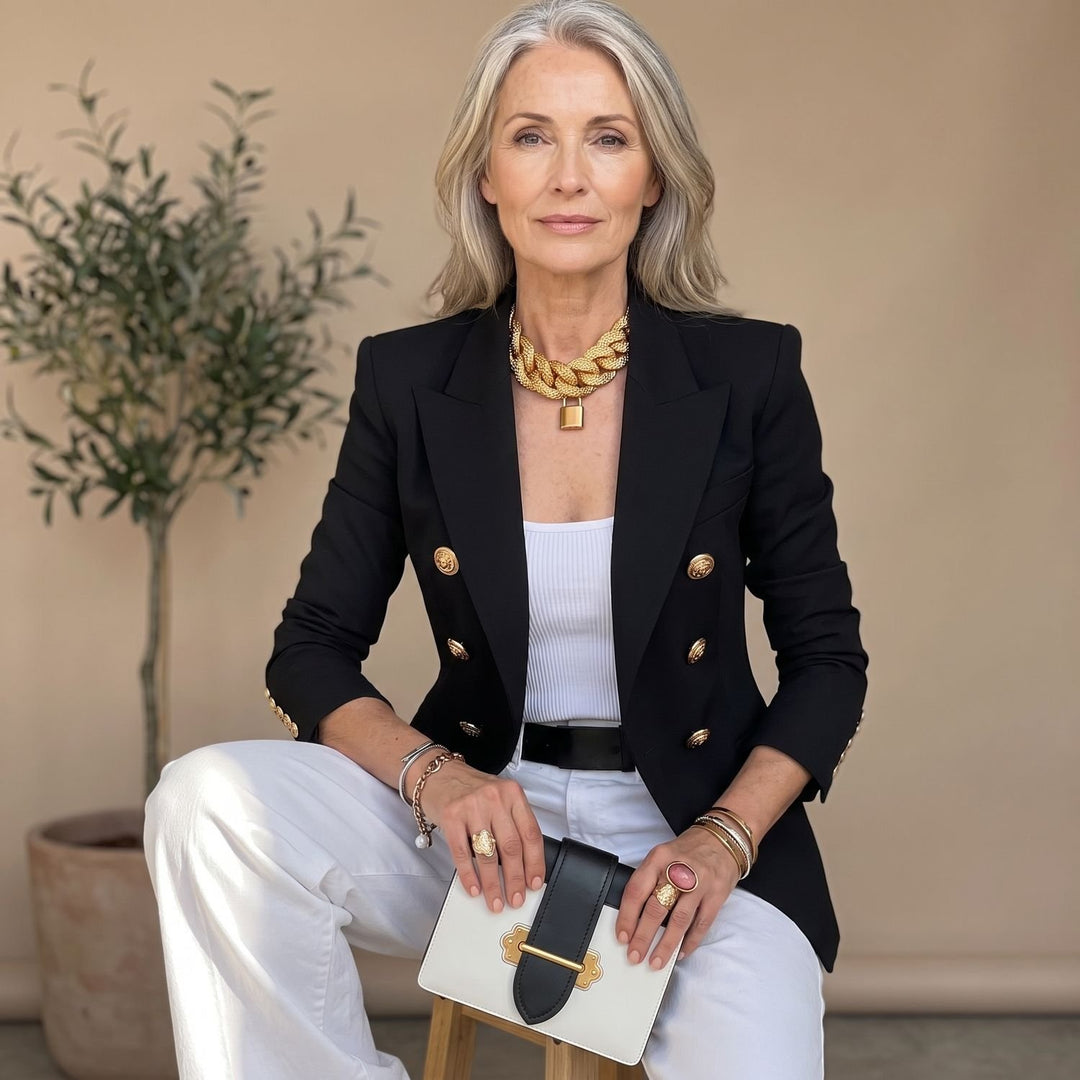 Women's Double-Breasted Gold-Button Tailored Blazer - Black