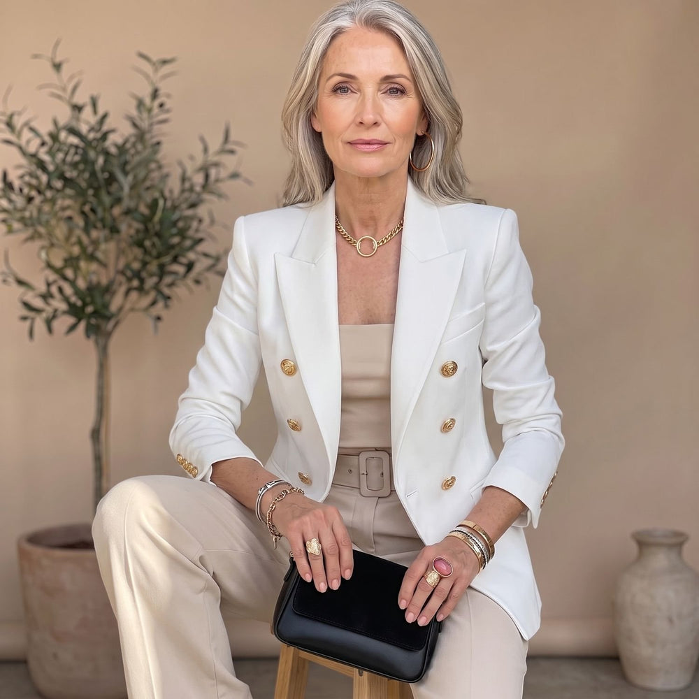 Women's Double-Breasted Gold-Button Tailored Blazer - White