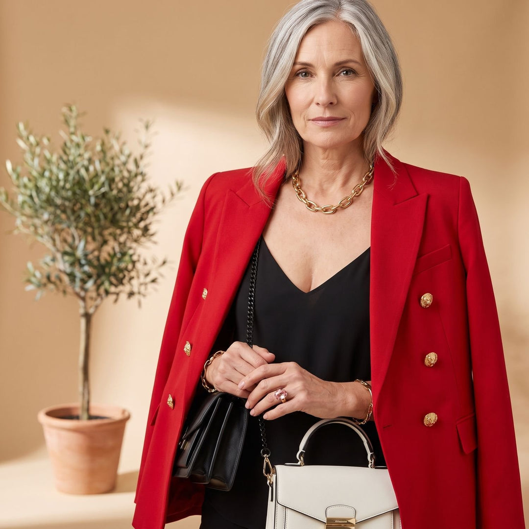 Women's Double-Breasted Gold-Button Tailored Blazer - Red