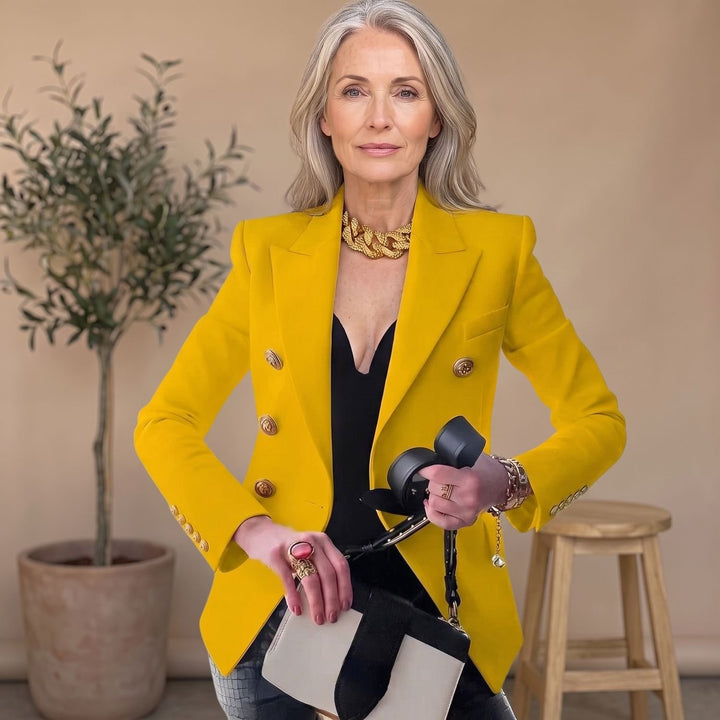 Women's Double-Breasted Gold-Button Tailored Blazer - Yellow