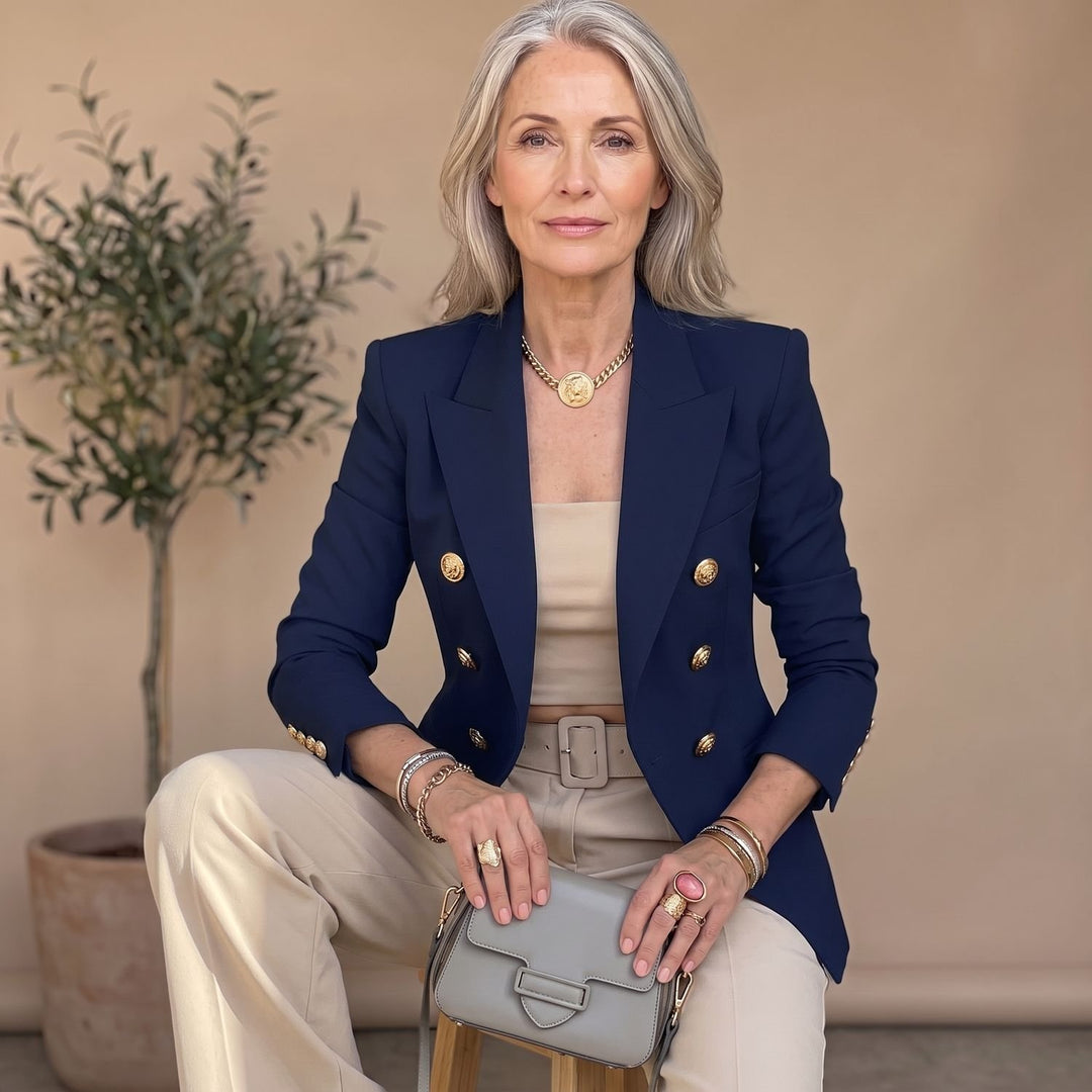 Women's Double-Breasted Gold-Button Tailored Blazer - Blue