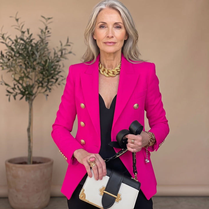 Women's Double-Breasted Gold-Button Tailored Blazer - Pink
