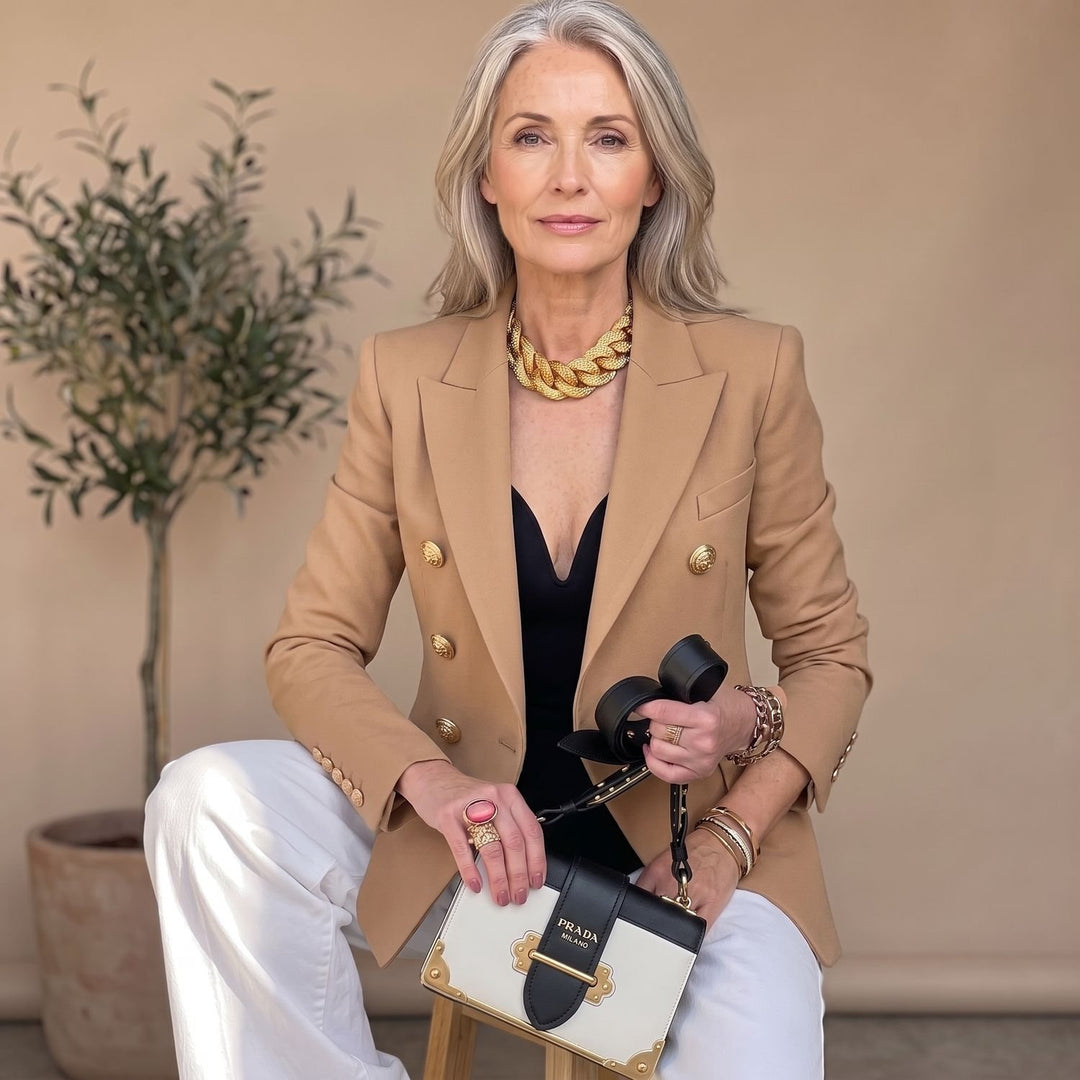Women's Double-Breasted Gold-Button Tailored Blazer - Beige