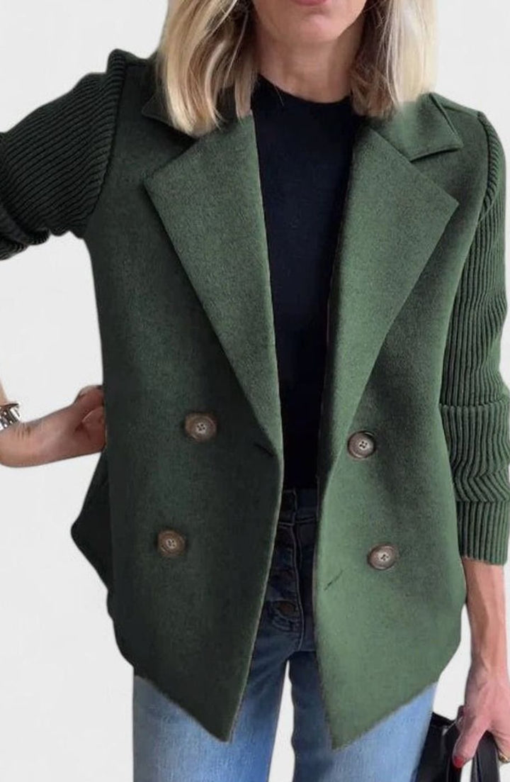Women's Double-Breasted Knit-Sleeve Tailored Blazer - Green