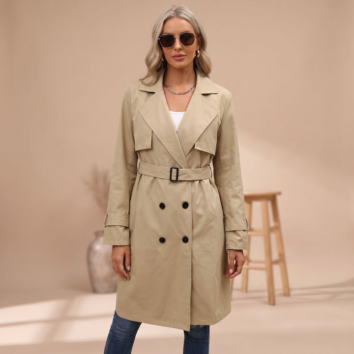 Women's Double-Breasted Long-Line Lapel Trench Coat - Khaki