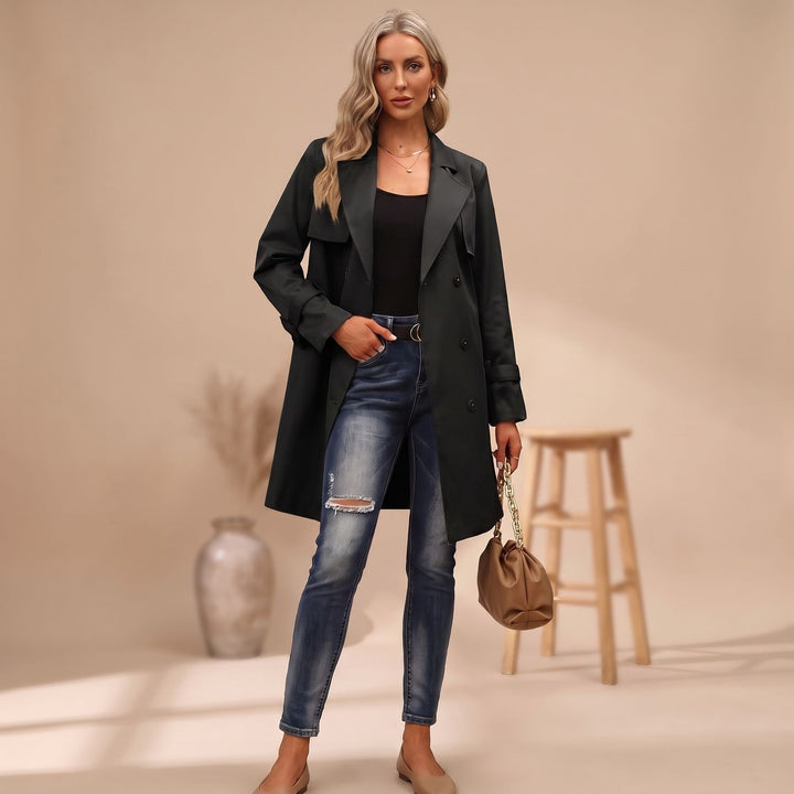 Women's Double-Breasted Long-Line Lapel Trench Coat - Black