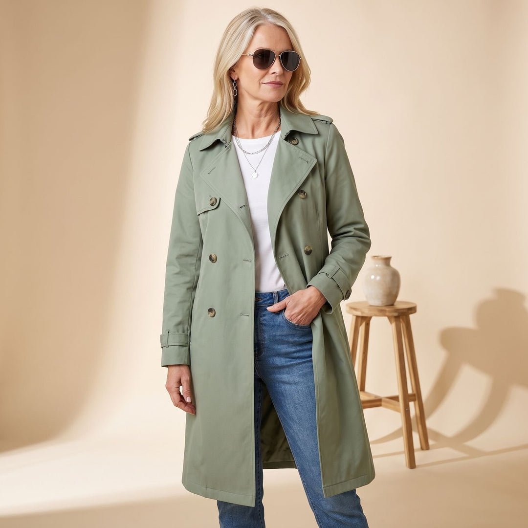 Women's Double-Breasted Long-Line Lapel Trench Coat - Light Green