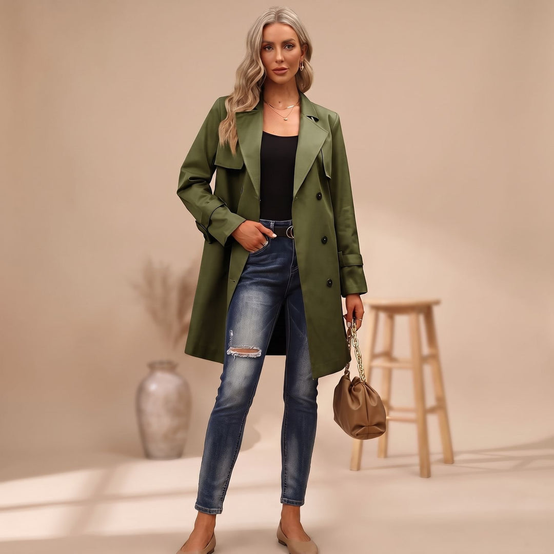 Women's Double-Breasted Long-Line Lapel Trench Coat - Army Green