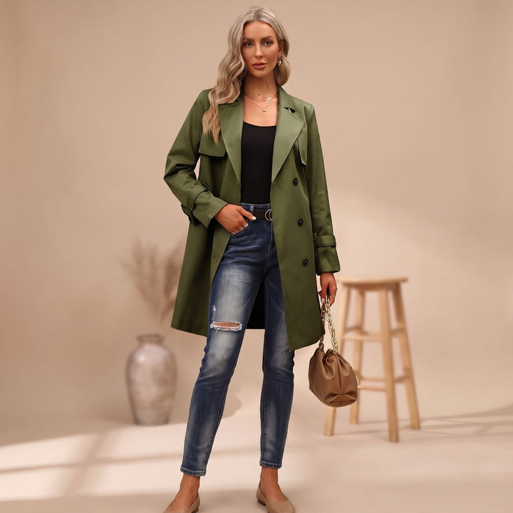 Women's Double-Breasted Long-Line Lapel Trench Coat - Army Green