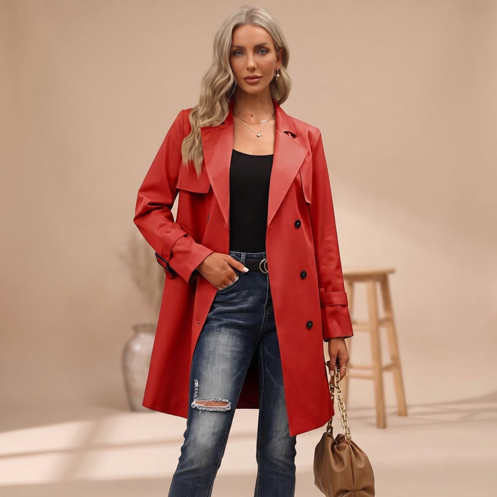 Women's Double-Breasted Long-Line Lapel Trench Coat - Red