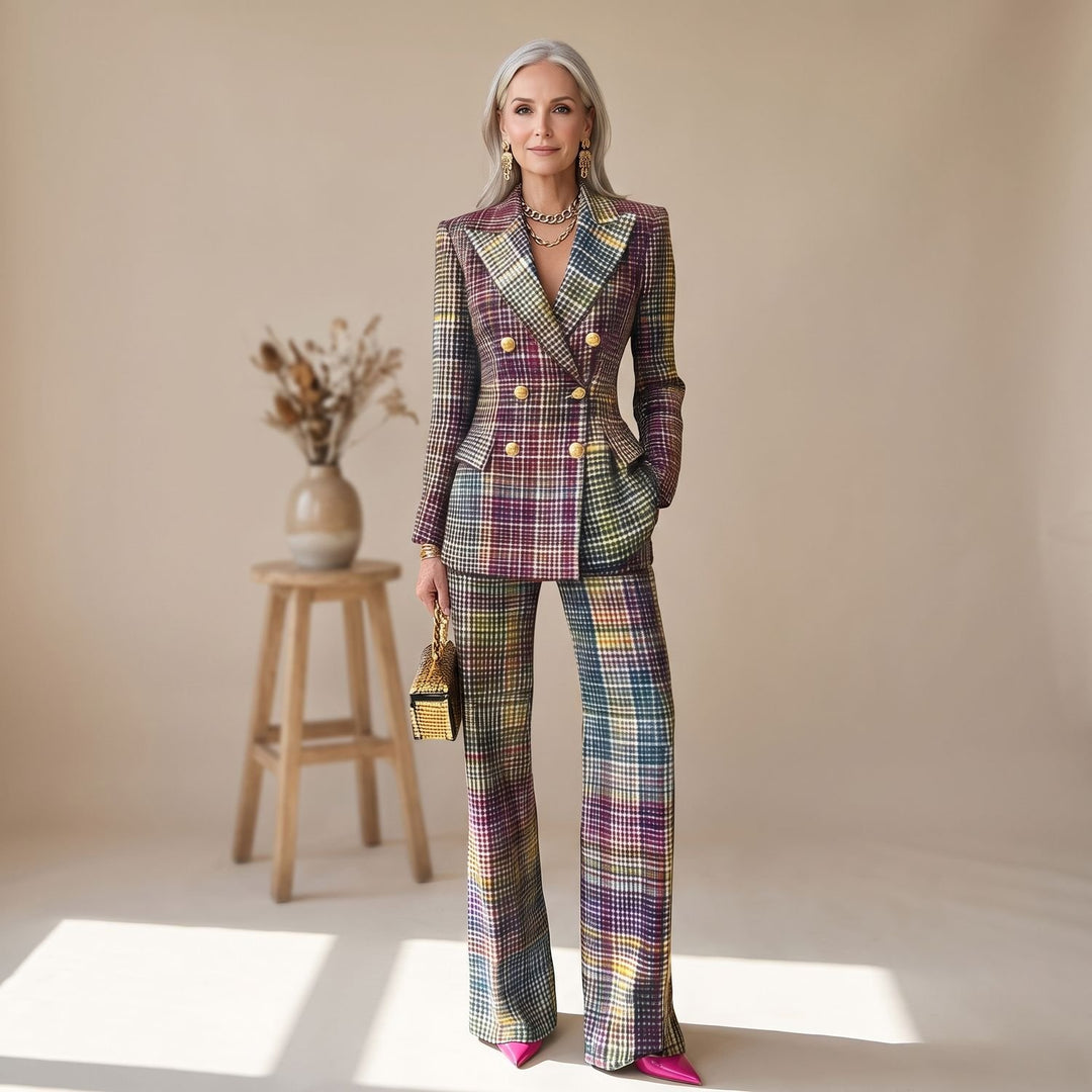 Women's Double-Breasted Multicolor Plaid Wide-Leg Pant Suit