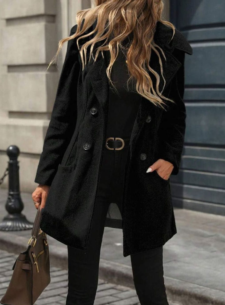 Women's Double-Breasted Notch-Lapel Wool-Blend Midi Coat - Black