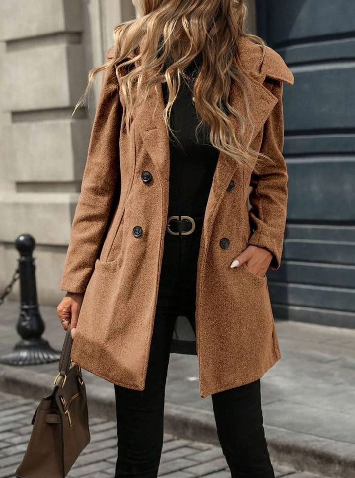 Women's Double-Breasted Notch-Lapel Wool-Blend Midi Coat - Caramel