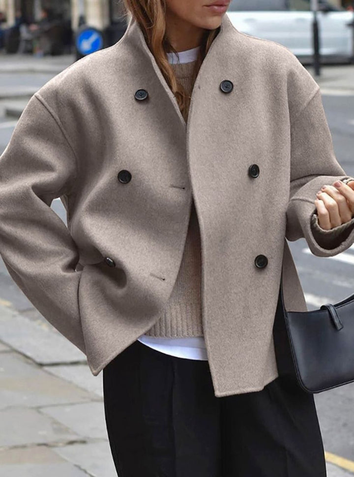 Women's Double Breasted Peacoat Relaxed-Fit Stand-Collar Winter Coat - Taupe