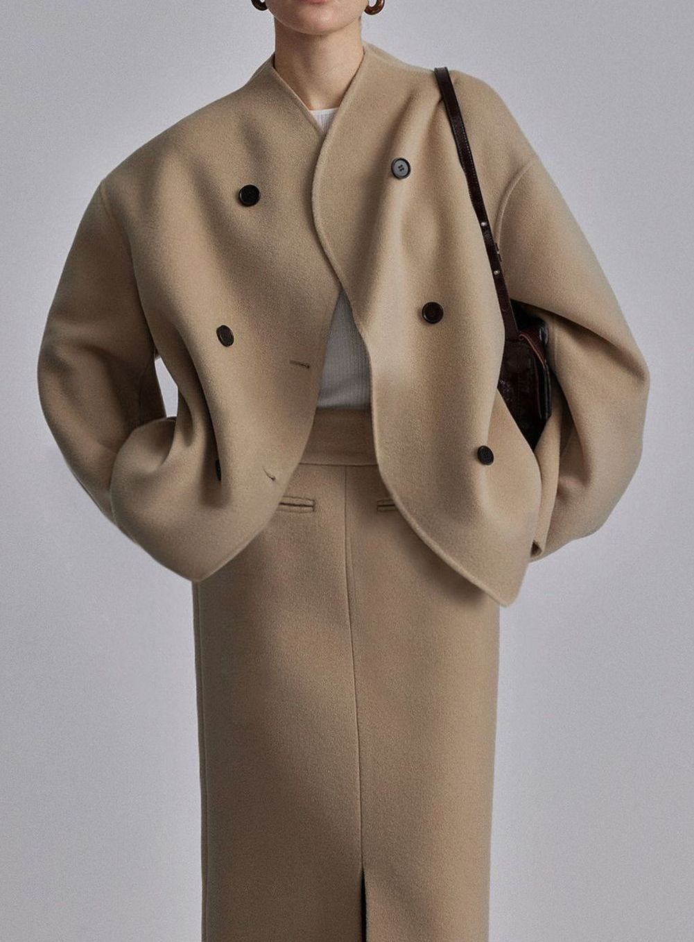 Women's Double Breasted Peacoat Relaxed-Fit Stand-Collar Winter Coat - Khaki