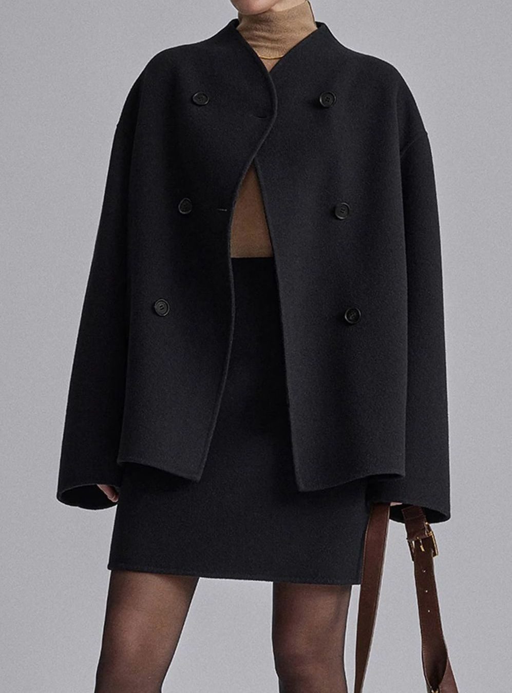 Women's Double Breasted Peacoat Relaxed-Fit Stand-Collar Winter Coat - Black