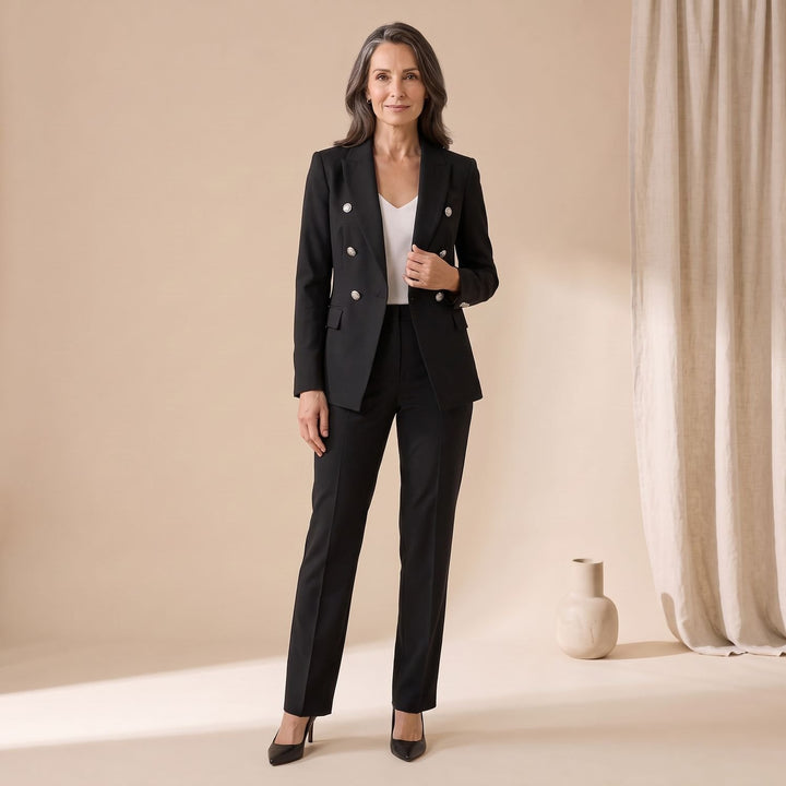Women's Double-Breasted Tailored Blazer Two-Piece Suit Set - Black