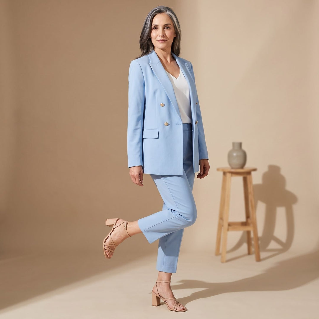 Women's Double-Breasted Tailored Blazer Two-Piece Suit Set - Baby Blue